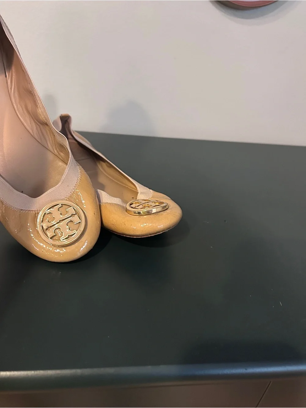Tory Burch Patent Leather Ballet Flats in Tan with Cream Trim